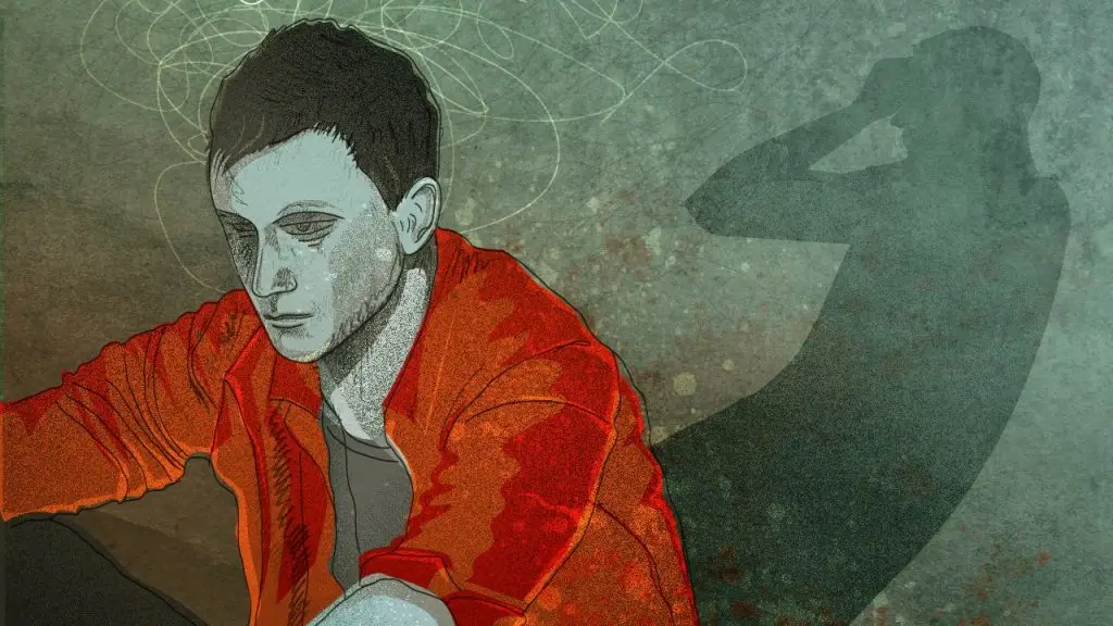 Illustration of a man sitting with a downcast expression, abstract lines above his head, and a shadowy figure in the background holding their head.