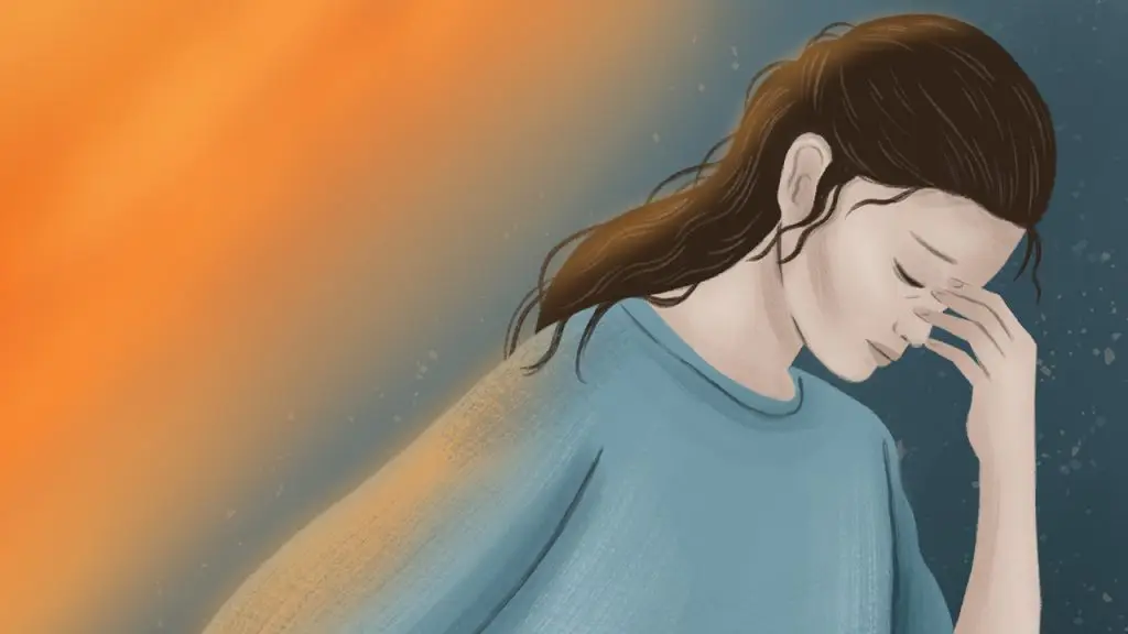 Illustration of a woman with brown hair in a blue shirt, head bowed and hand on her face, with warm light and dark background.