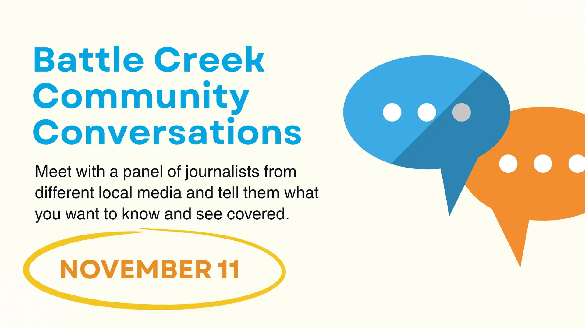 Conversaciones de la comunidad de Battle Creek con periodistas locales; la fecha resaltada es el 11 de noviembre; gráficos de burbujas de discurso a la derecha.