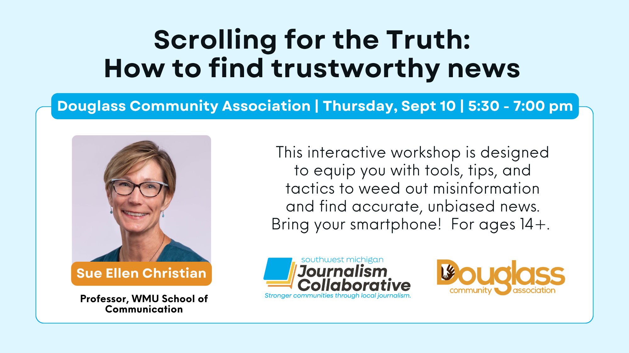 Event flyer for “Scrolling for the Truth” featuring Sue Ellen Christian, with event details, sponsor logos, and topics about finding trustworthy news and combating misinformation.