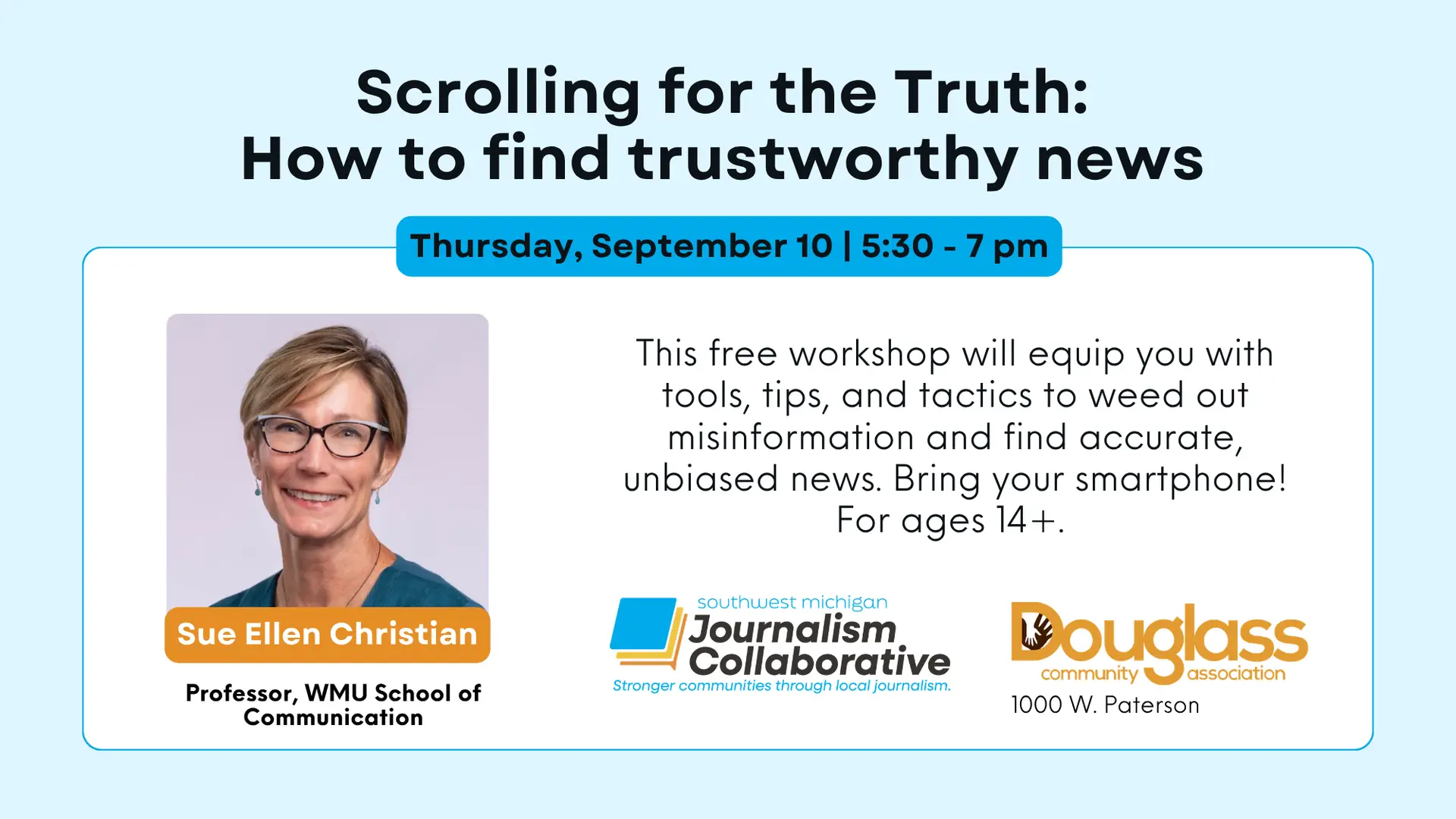 Scrolling for the Truth workshop flyer with speaker Sue Ellen Christian, event details, and logos for Southwest Michigan Journalism Collaborative and Douglass Community Association.