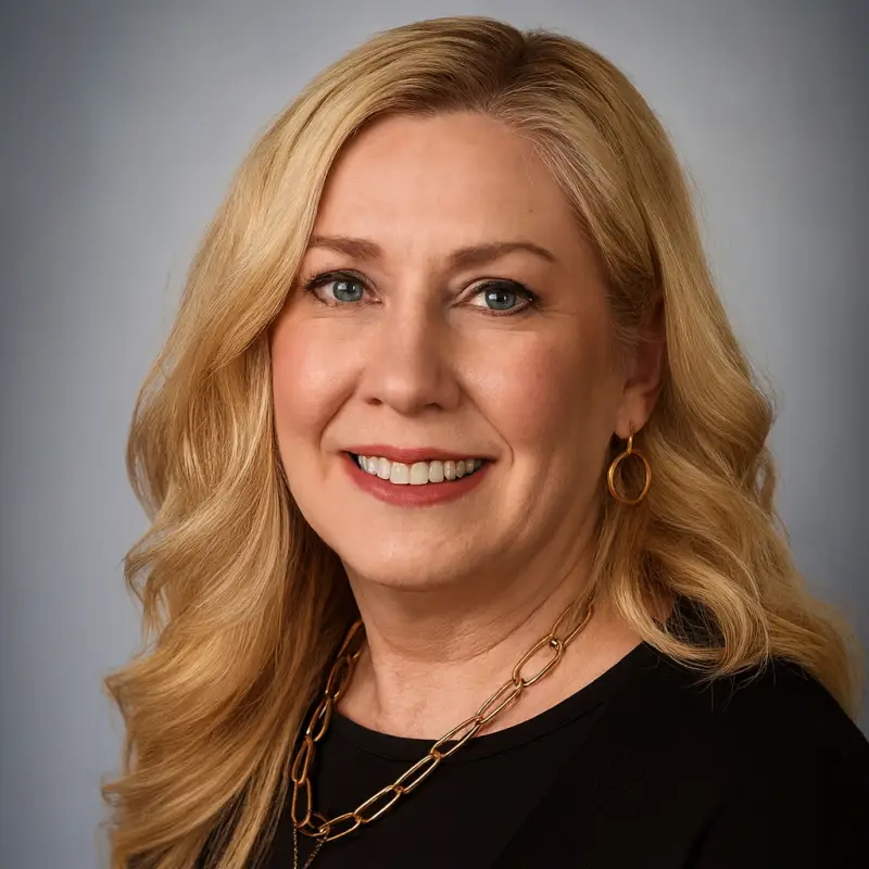 Bonnie Gabriel - Smiling woman with long blonde hair, wearing a black top, gold hoop earrings, and a gold chain necklace, posed against a plain gray background.