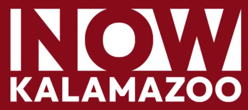 The word “NOW” in white letters with a maroon background, above the text “KALAMAZOO” in white.